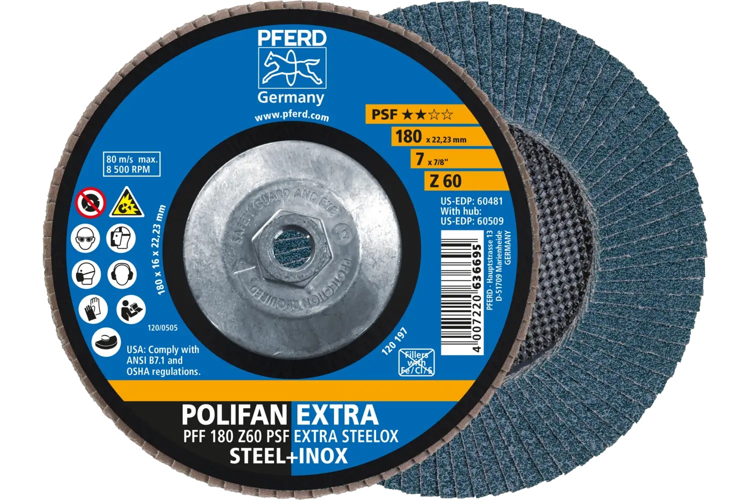 Picture of Pferd Flap Disc, 7" x 5/8-11, Z PSF Extra Steelox, 60 Grit, T27, Flat, Zirconia
